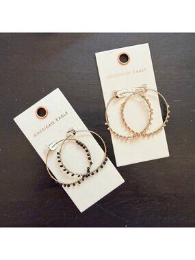 American Eagle Outfitters AEO Gold Beaded Hoop Earrings Black Pearl Set 2 Pair